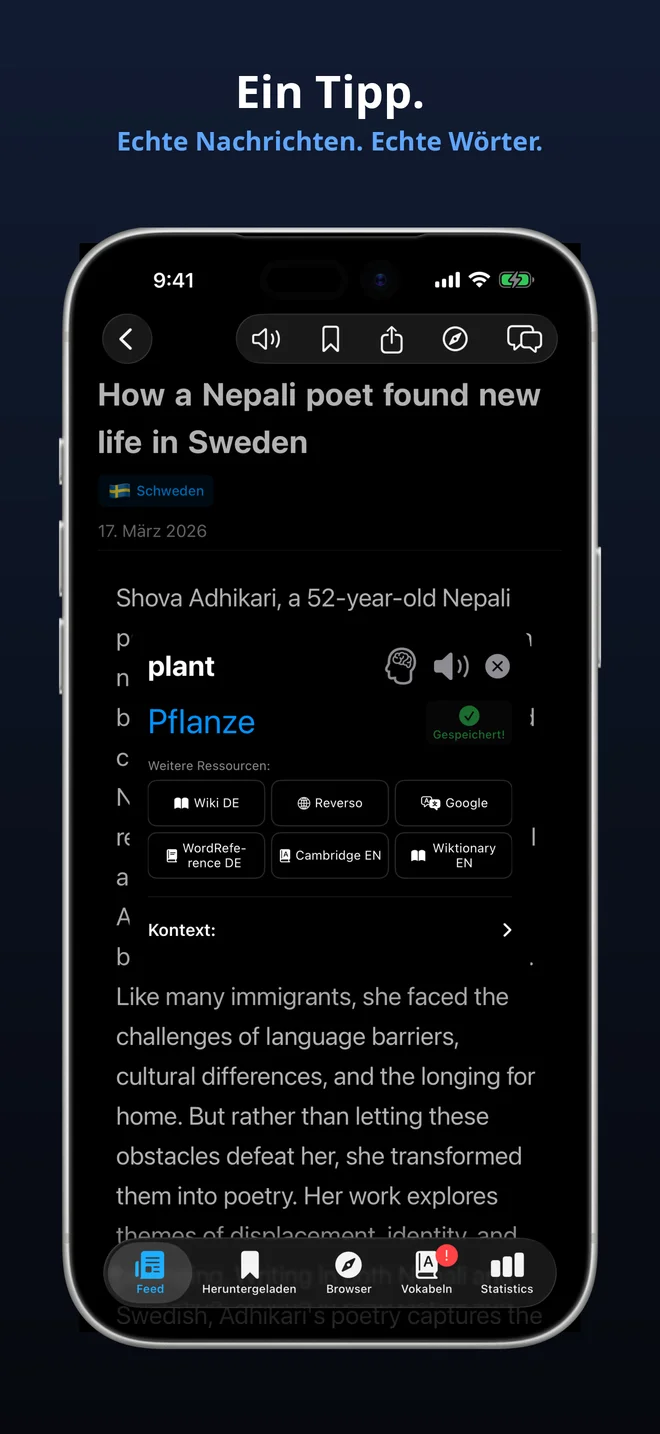 Tippen Sie auf ein beliebiges Wort für eine sofortige Übersetzung