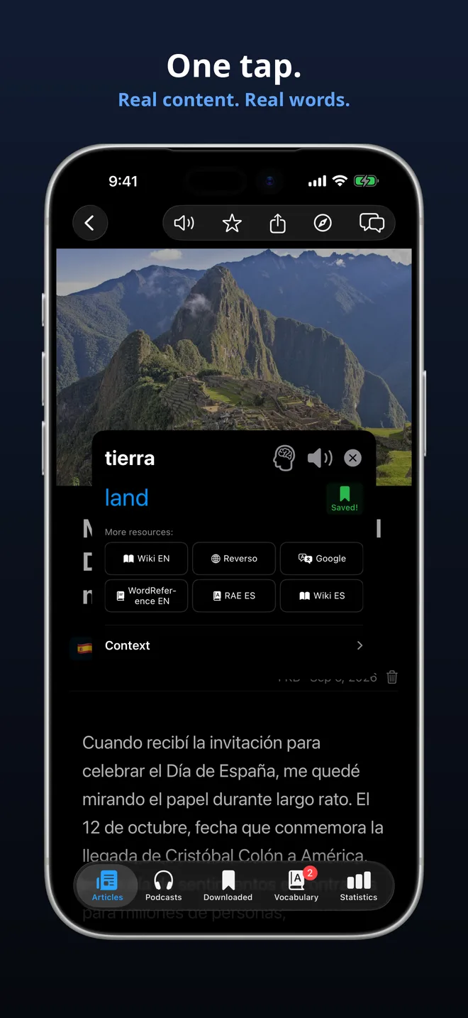 Tap any word for an instant translation