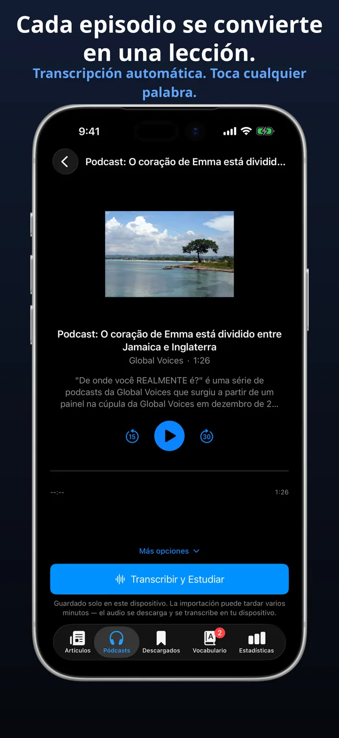 Importa cualquier episodio de podcast y estúdialo con una transcripción completa