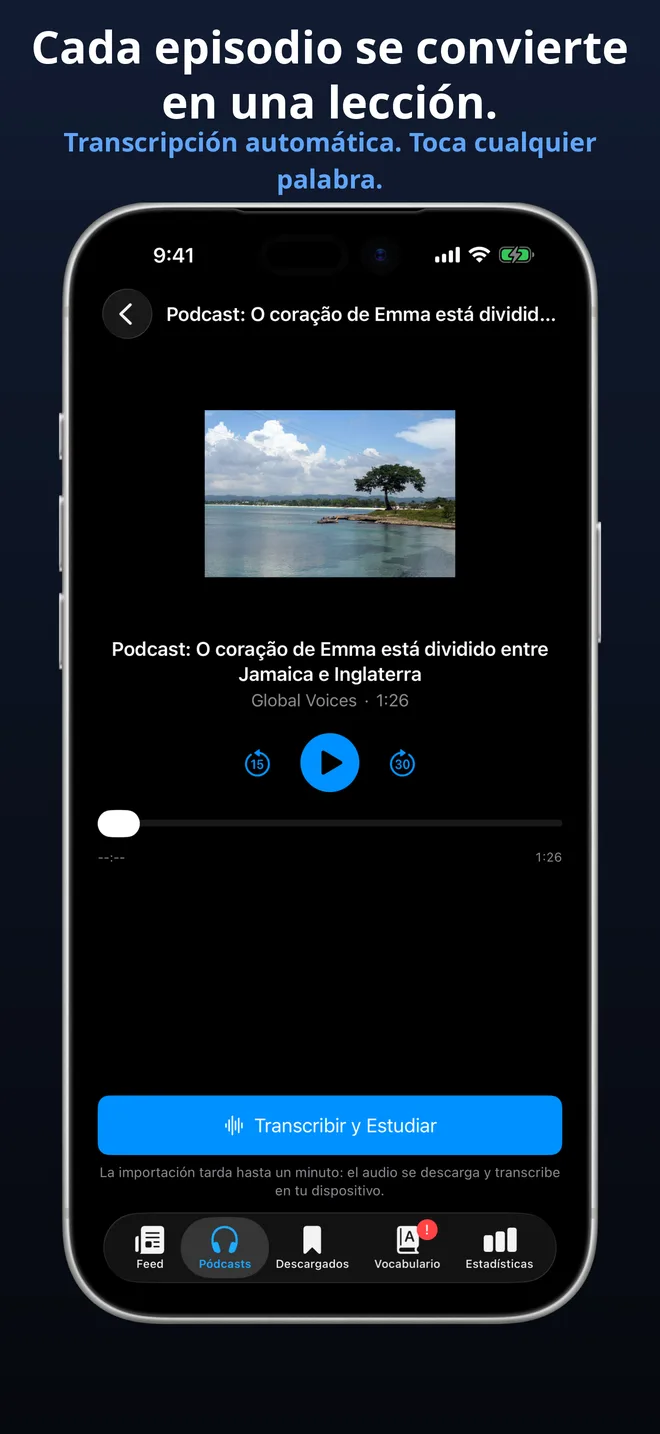 Importa cualquier episodio de podcast y estúdialo con una transcripción completa