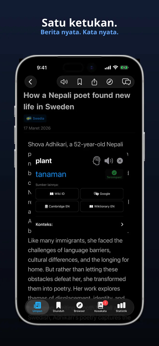 Ketuk kata apa pun untuk terjemahan instan