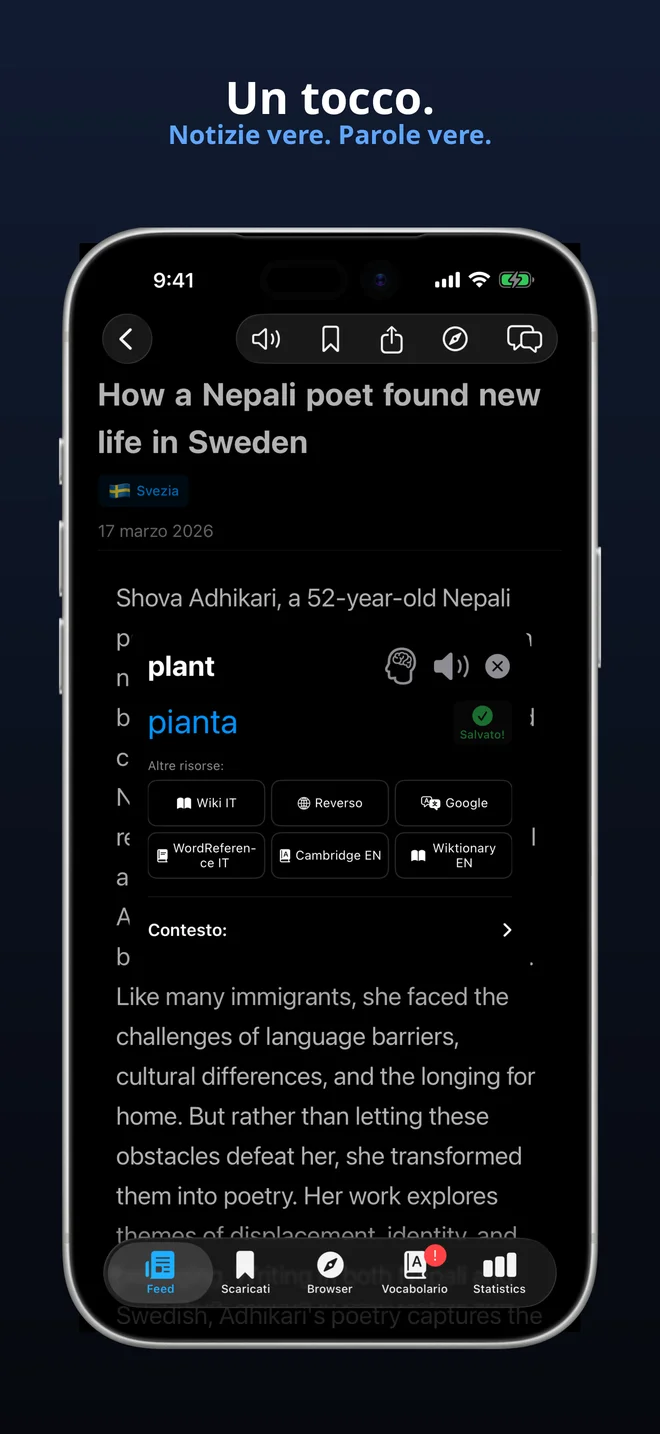 Tocca qualsiasi parola per una traduzione istantanea