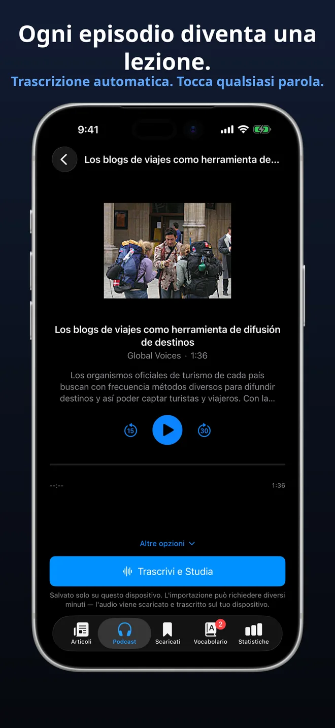 Importa qualsiasi episodio podcast e studia con una trascrizione completa