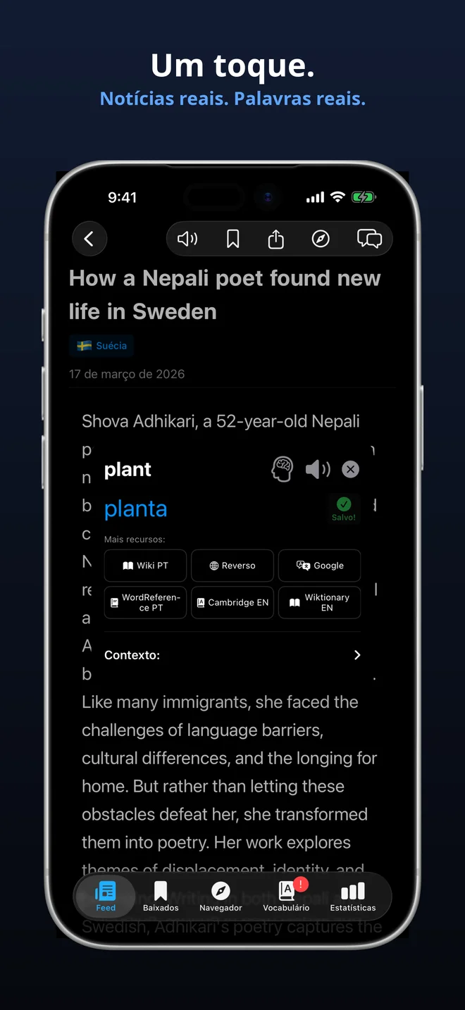 Toque em qualquer palavra para uma tradução instantânea