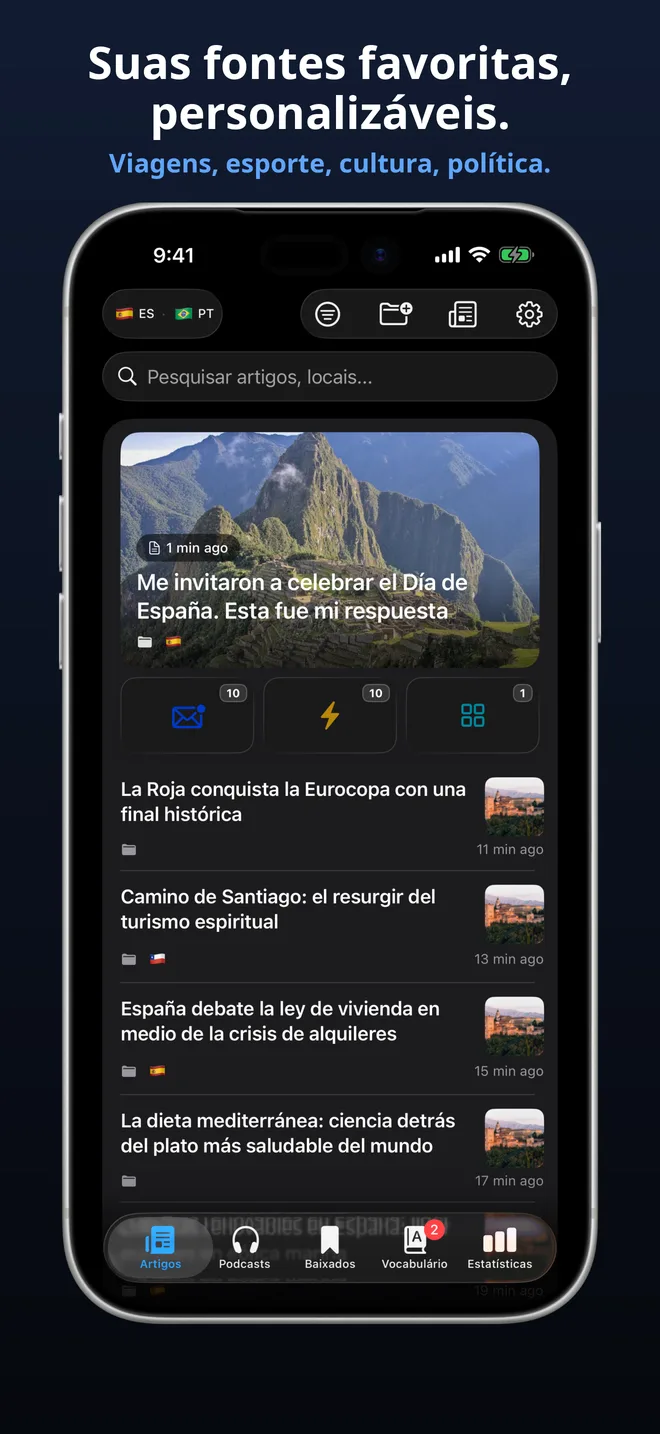 Centenas de feeds selecionados em 19 idiomas