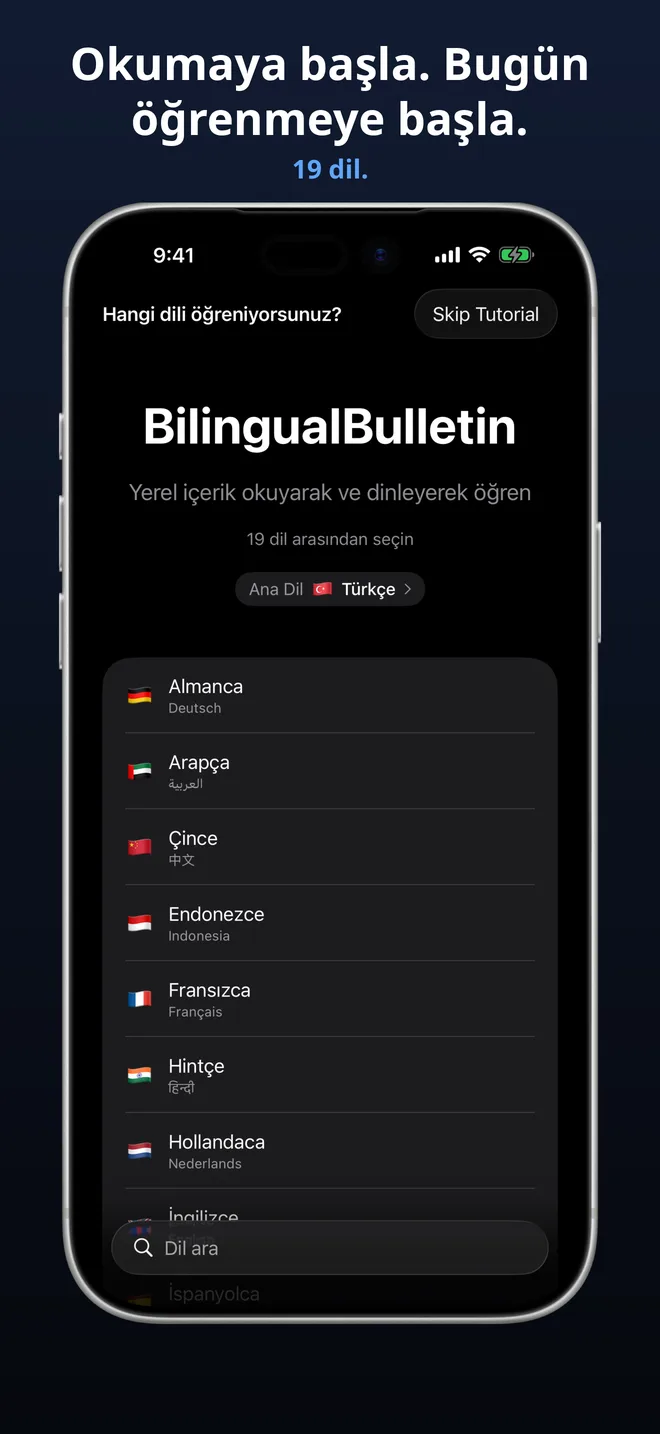 19 dil arasından seçin