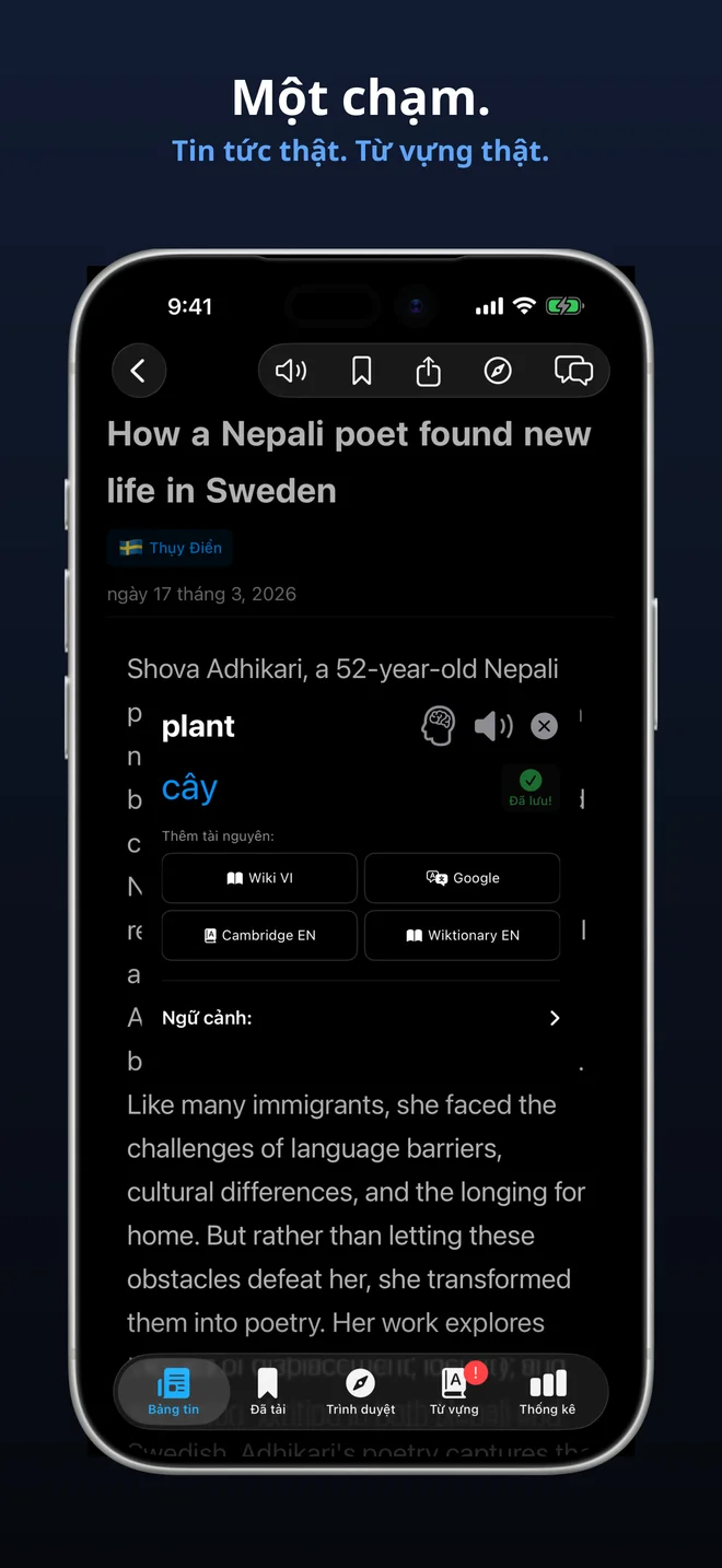 Nhấn vào bất kỳ từ nào để dịch tức thì