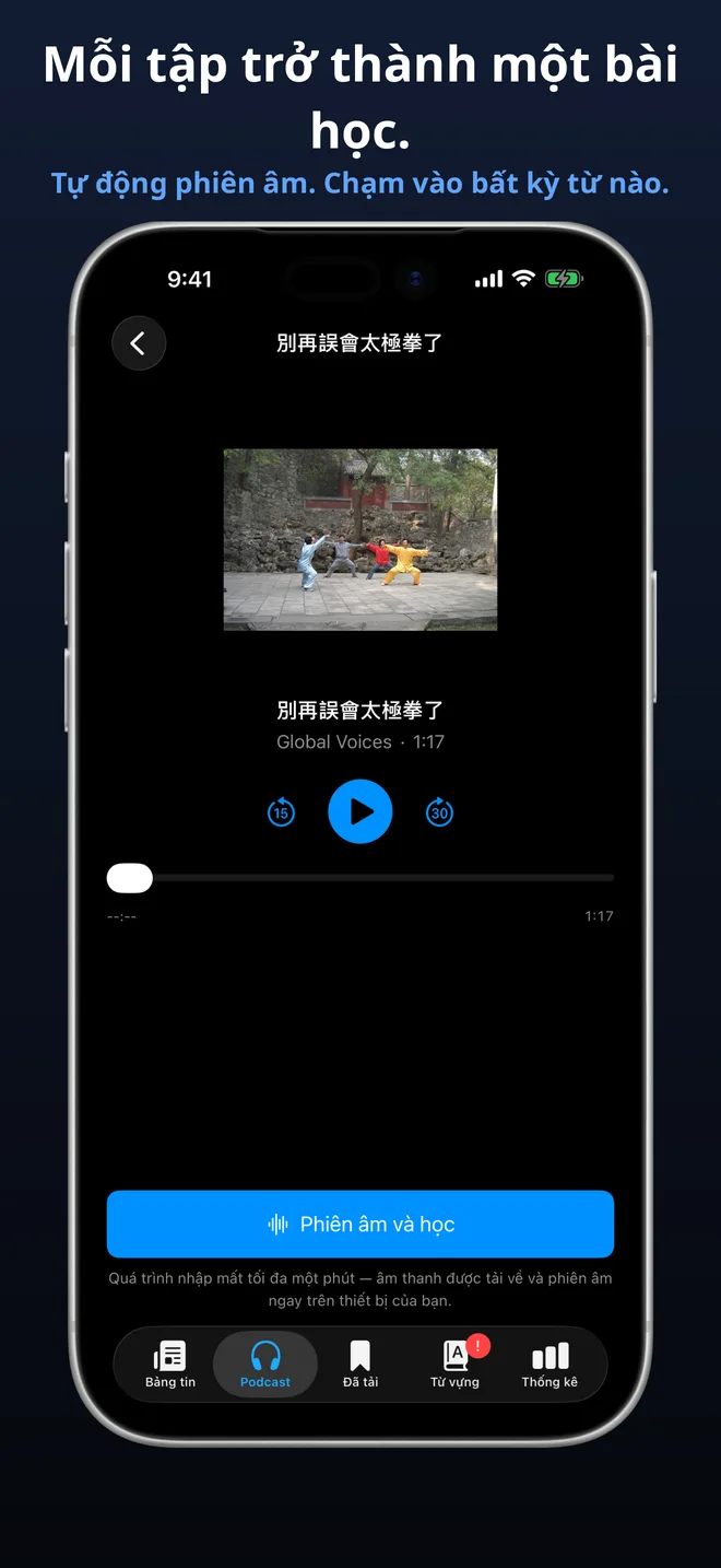 Nhập bất kỳ tập podcast nào và học với bản ghi âm đầy đủ