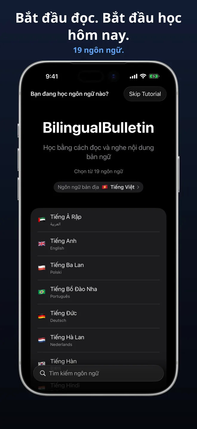 Chọn từ 19 ngôn ngữ